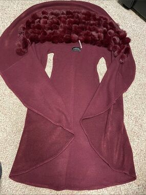 Real fur trimmed Maroon Open vest/sleeveless knit Cardigan - gorgeous